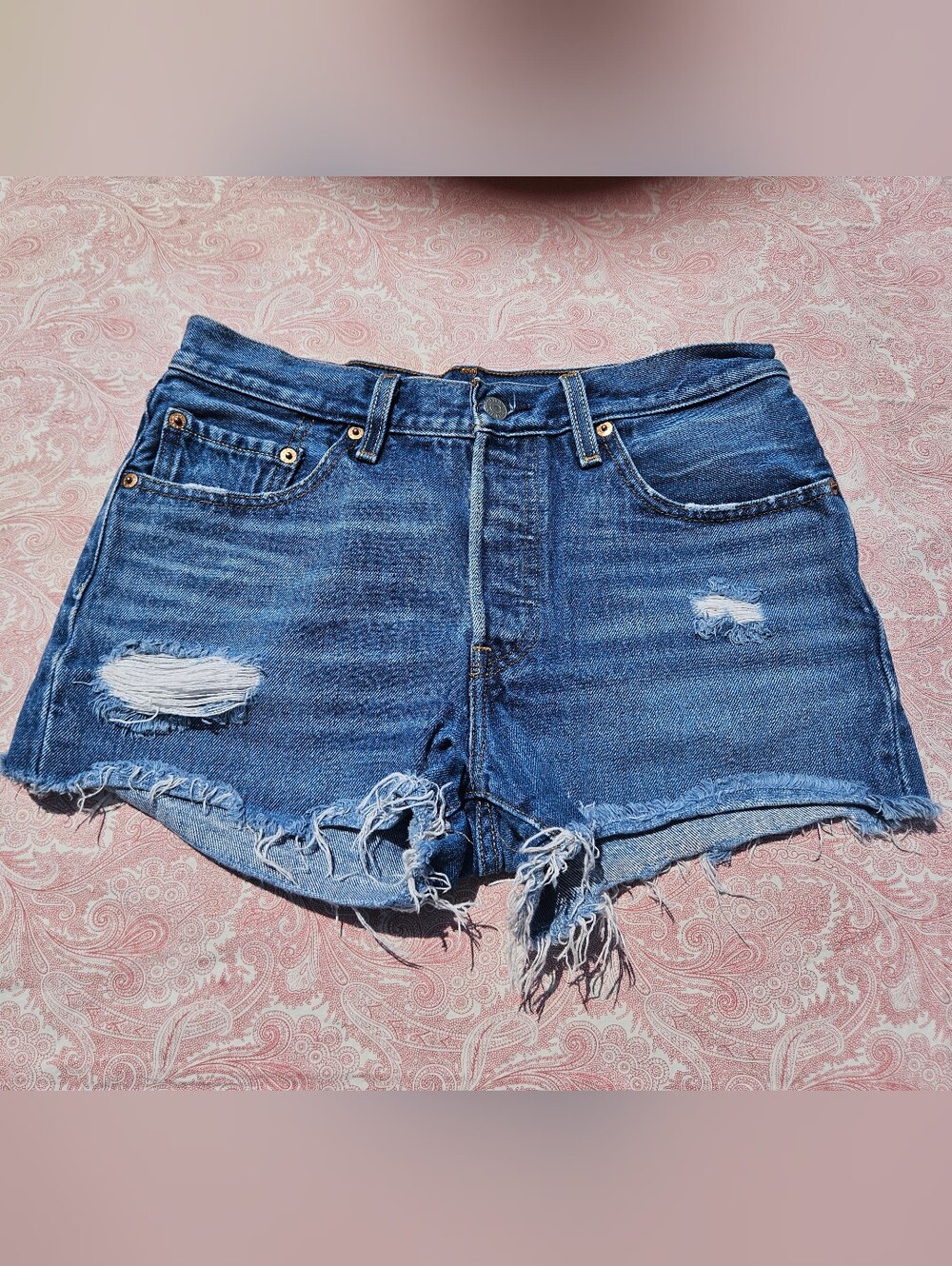 Levi's Distressed Dark Blue Denim Cutoff Shorts